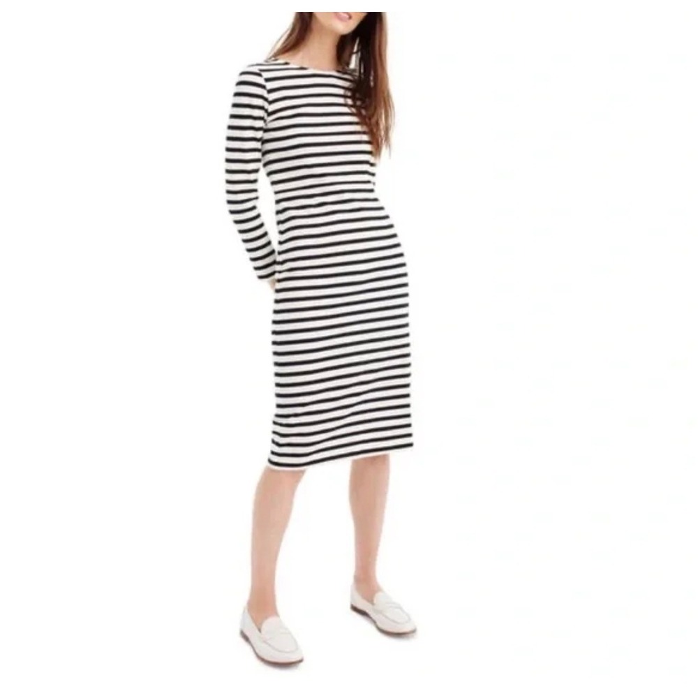 J. Crew Black White Striped Long Sleeve Cotton‎ Sheath Midi Dress Size 6 Classic